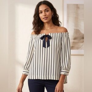 Striped Off-Shoulder Blouse in White and Navy